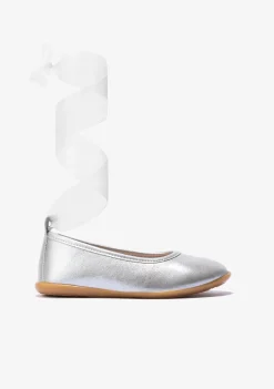 Conguitos Bailarinas De Niña Lazo Metalizado Plata^ Zapatos De Ceremonia|Bailarinas