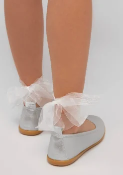 Conguitos Bailarinas De Niña Lazo Metalizado Plata^ Zapatos De Ceremonia|Bailarinas