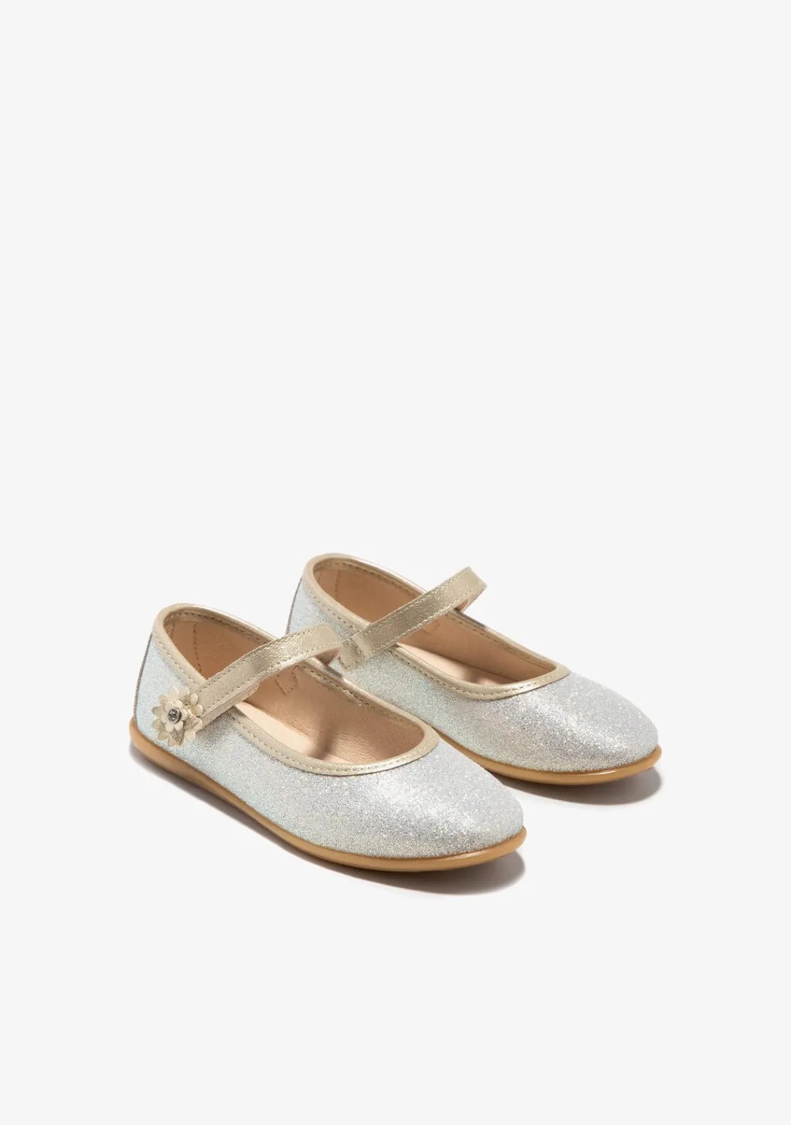 Conguitos Bailarinas Flor Glitter Oro^ Zapatos De Ceremonia|Bailarinas