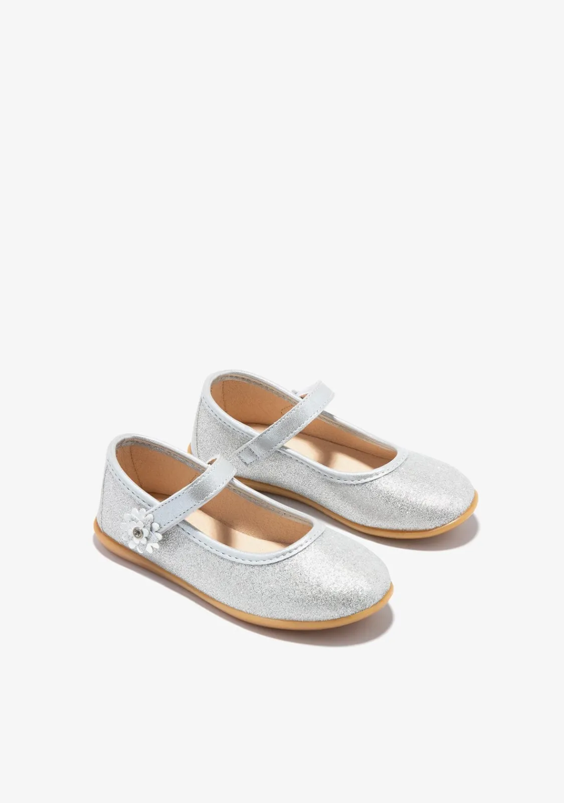 Conguitos Bailarinas Flor Glitter Plata^ Zapatos De Ceremonia|Bailarinas