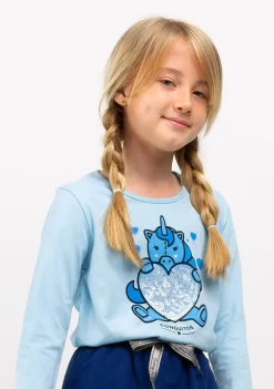 Conguitos Camiseta De Niña Celeste Con Unicornio^ Camisetas|Camisetas Manga Larga